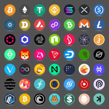 Siyah arka planda 49 kripto para birimi logosu koleksiyonu. En iyi Kripto simgeleri Bitcoin, Ethereum, Dogecoin, Lither, Cardano, Uniswap, XRP ve daha pek çoğu.