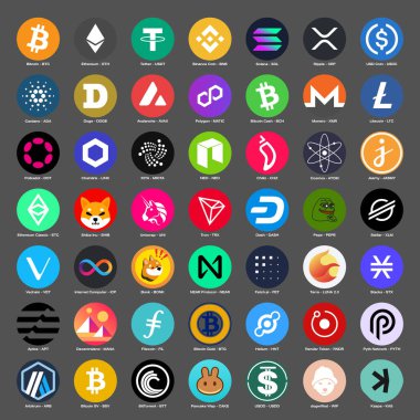 Siyah arka planda 49 kripto para birimi logosu koleksiyonu. En iyi Kripto simgeleri Bitcoin, Ethereum, Dogecoin, Lither, Cardano, Uniswap, XRP ve daha pek çoğu.