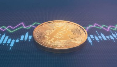 Altın bir Bitcoin 'in resmi. Arkaplanda şamdan şeması - dijital para birimi - şifreli para birimi.