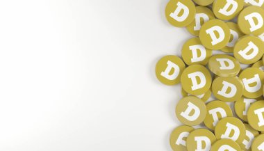 Beyaz bir arkaplan - iş konsepti üzerinde şifreleme doge (DOGE) logosuna sahip birçok yuvarlak düğmenin 3d görüntülenmesi - Boşluğu kopyala