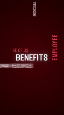 Faydaların dikey video animasyonu. Koyu arkaplan üzerinde beyaz ve kırmızı metin olan anahtar sözcükler bulut - iş konsepti.