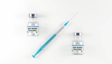 Üç boyutlu iki kurgusal HIV-AIDS aşısı ve beyaz arka planda bir şırınga - HIV-AIDS aşısı.