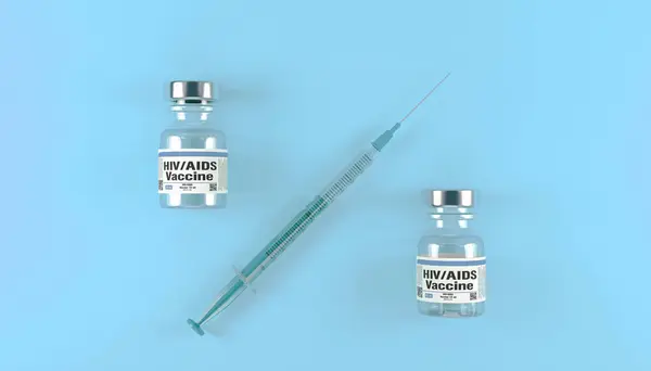 stock image 3d rendering of two fictitious HIV-AIDS vaccine doses and a syringe on a blue background - HIV-AIDS vaccine.