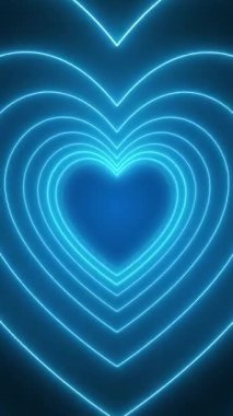 Koyu arkaplanda neon mavisi olan birçok kalbin dikey video animasyonu - soyut arkaplan - pürüzsüz döngü.