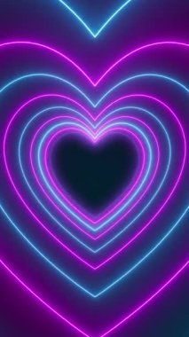 Koyu arkaplanda neon mavisi ve neon mavisi renkte birçok kalbin dikey video animasyonu - soyut arkaplan - pürüzsüz döngü.