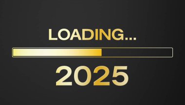 Çubuğu altınla doldurma ve 2025 yılını karanlık arka plan - yeni yıl konsepti - üzerine yükleme mesajı 2025 yılını temsil ediyor..