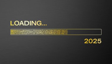 Çubuğu altın olarak yükleme fikri 2025 yılını karanlık arka plan üzerine yüklemenin yeni yıl konsepti 2025 yılını temsil ediyor..