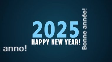 Farklı dillerde bir kelime bulutunun video animasyonu beyaz ve mavi renkli ve koyu arkaplan üzerine yeni yıl mesajıyla 2025 yılını temsil ediyor..