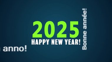 Farklı dillerde bir kelime bulutunun video animasyonu beyaz ve yeşil renkli yeni yılın 2025 yılını temsil ediyor..