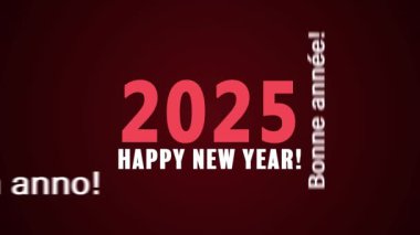 Farklı dillerde bir kelime bulutunun video animasyonu beyaz ve kırmızı renkli yeni yılın koyu arkaplan üzerine yeni yılı 2025 'i temsil ediyor..