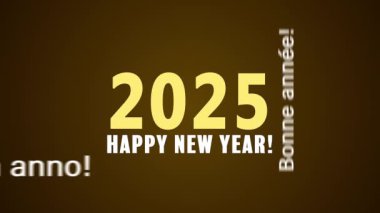 Farklı dillerde bir kelime bulutunun video animasyonu beyaz ve sarı renkli yeni yılın koyu arkaplan üzerinde mutlu bir yeni yılı 2025 'i temsil ediyor..