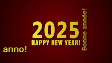 Farklı dillerde bir kelime bulutunun kırmızı zemin üzerinde sarı renkli mutlu bir yeni yıl mesajı içeren video animasyonu 2025 yılını temsil ediyor..