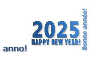Farklı dillerdeki bir kelime bulutunun video animasyonu, mavi renkte beyaz arkaplan üzerinde mutlu bir yılla 2025 yılını temsil ediyor..