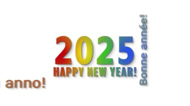 Farklı dillerde bir kelime bulutunun video animasyonu ve mutlu yeni yıl mesajı 2025 yılını temsil ediyor..