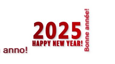 Farklı dillerde bir kelime bulutunun kırmızı ve gri renkli yeni yılın beyaz arkaplandaki yeni yılı 2025 'i temsil ettiği mesajını içeren video animasyonu.