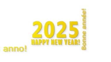 Farklı dillerde bir kelime bulutunun video animasyonu, beyaz arkaplanda sarı renkli mutlu bir yılla 2025 yılını temsil ediyor..