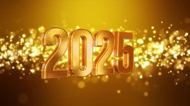 Altın ışık parçacıklarının video animasyonu altın arka planda bokeh ve 2025 rakamları yeni yılı temsil ediyor - tatil kavramını..