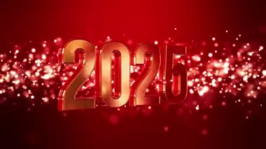 Altın ışık parçacıklarının kırmızı zemin üzerinde bokeh video animasyonu ve 2025 altın rakamları - yeni yılı temsil ediyor - tatil kavramı.