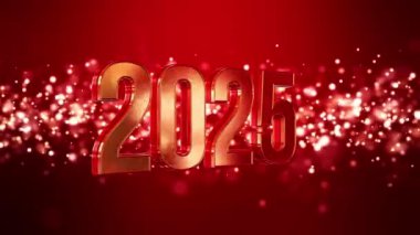 Altın ışık parçacıklarının kırmızı zemin üzerinde bokeh video animasyonu ve 2025 altın rakamları - yeni yılı temsil ediyor - tatil kavramı.