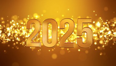 Altın arkaplandaki 3D parlak parçacıkların görüntülenmesi ve 2025 rakamları yeni yılı temsil ediyor - tatil kavramı..