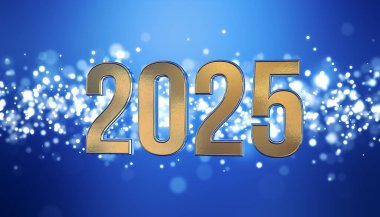 Altın ışık parçacıklarının 3d renginin mavi arka planda bokeh ve 2025 rakamları yeni yılı temsil ediyor - tatil kavramını..