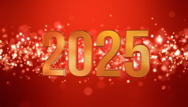 3D altın ışık parçacıklarının kırmızı zemin üzerinde bokeh ve 2025 altın rakamları - yeni yılı temsil ediyor - tatil konsepti.