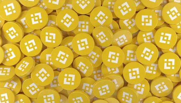 stock image 3d rendering of many round buttons with the logo of the cryptocurrency Binance (BNB) - business concept.