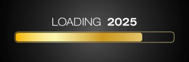 Koyu arkaplan üzerine 2025 'in yüklendiği altın dolu bir barın tasviri - yeni yıl konsepti - 2025 yılını temsil ediyor.