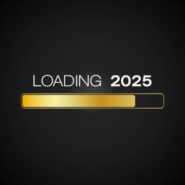 Koyu arkaplan üzerine 2025 'in yüklendiği altın dolu bir barın tasviri - yeni yıl konsepti - 2025 yılını temsil ediyor.