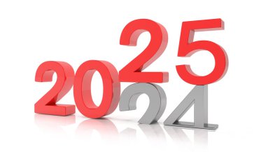 Beyaz arka plan üzerinde kırmızı ve gümüş renkli 2025 ve 24 sayılarının 3 boyutlu canlandırması. 25 numara 24 numaranın üzerine düşüyor ve onu yerle bir ediyor. - Tatil konsepti.