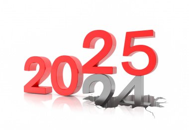 Beyaz arka plan üzerinde kırmızı ve gümüş renkli 2025 ve 24 sayılarının 3 boyutlu canlandırması. 25 numara 24 numaranın üzerine düşüyor ve onu yerle bir ediyor. - Tatil konsepti.