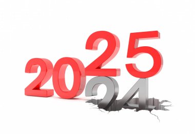 Beyaz zemin üzerinde kırmızı ve gümüş renkli 2025 ve 24 sayılarının 3 boyutlu canlandırması. 25 numara 24 numaranın üzerine düşüyor ve onu yerle bir ediyor. - Tatil konsepti.
