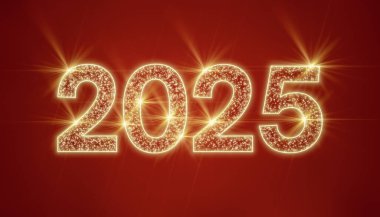 Kırmızı zemin üzerinde 2025 rakamları olan soyut neon ışığın tasviri - yeni yılı temsil ediyor - tatil kavramı.