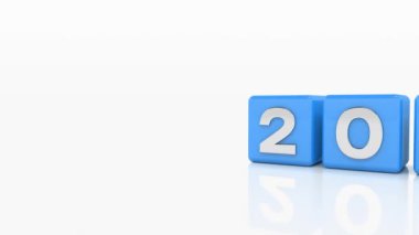 Mavi küplerin ve 2024 ve 2025 yıllarının beyaz yansıtıcı arka planda gümüş renkli video animasyonları 2025 yılını temsil ediyor - tatil kavramı.