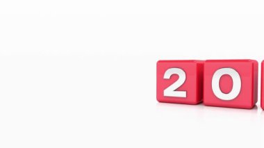 Kırmızı küplerin ve 2024 ve 2025 yıllarının beyaz yansıtıcı arka planda gümüş renkli video animasyonları 2025 yılını temsil ediyor - tatil kavramı.