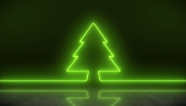 Yansıtıcı zeminde yeşil renkte parlayan neon noel ağacının çizimi - soyut arkaplan - tatil kavramı.