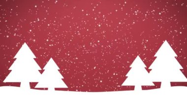 Köknar ağaçları ve kırmızı zemin üzerine düşen karlarla dolu bir kış manzarasının video animasyonu - kusursuz döngü - Noel ve tatil kavramı.