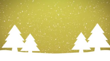 Köknar ağaçları ve sarı zemin üzerine düşen karla dolu bir kış manzarasının video animasyonu - kusursuz döngü - Noel ve tatil kavramı.
