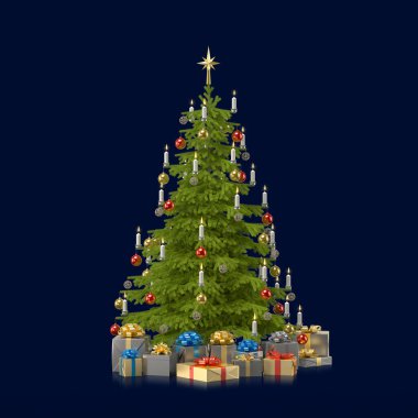 3D dekore edilmiş bir Noel ağacının mumlar, Noel ağacı süslemeleri ve hediyeleri koyu mavi arka planda - tatil kavramı.