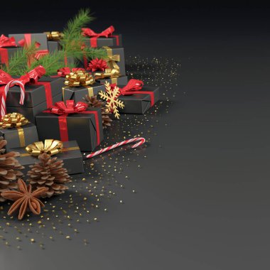 Üç boyutlu Noel hediyeleri, çam kozalakları, şeker kamışları, köknar dalı, altın tozu ve anason yıldızı koyu bir arka planda - noel modeli - tatil konsepti.