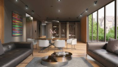 Büyük camları, duvar ünitesi, sandalyeli yemek masası ve iki kanepesi olan lüks bir dairenin 3D görüntüsü - modern oda - modern mimari.