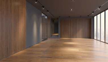 Geniş pencereli boş bir modern ofis binasının 3 boyutlu tasarımı - modern mimari.