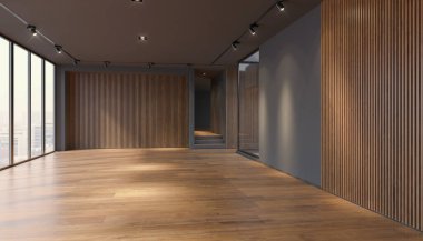 Geniş pencereli boş bir modern ofis binasının 3 boyutlu tasarımı - modern mimari.