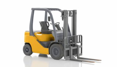 Beyaz izole edilmiş arka planda bir forklift 3D görüntüleme.