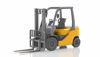 Beyaz izole edilmiş arka planda bir forklift 3D görüntüleme.