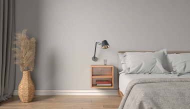 3 boyutlu İskandinav yatak odası ve yatağı - maket - yer tutucu.