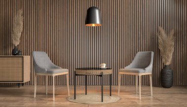 Modern mobilyalı oturma odasının ahşap bir duvarı, iki sandalyesi, bir yan masası, bir dolabı ve bir lambası var. Modern iç mimarisi, modern mimarisi..