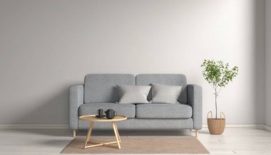 Parlak bir duvar, bir kanepe, bir masa ve İskandinav tarzında bir halı, iç mekan tutucu ile üç boyutlu bir maket..