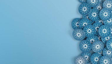 Mavi arka planda şifreli Cardano (ADA) logosu bulunan birçok madeni paranın 3d yorumlanması - iş konsepti - Boşluğu kopyala.