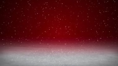 Düşen karın video animasyonu ve kırmızı zemin üzerinde pırıl pırıl parlayan bir zemin - kusursuz döngü - Noel ve tatil konsepti.